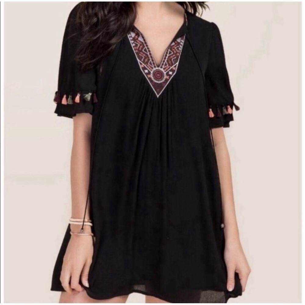 Miami Women's Black Boho Dress Size MED Bohemian Embroidered Tassels Cover Up